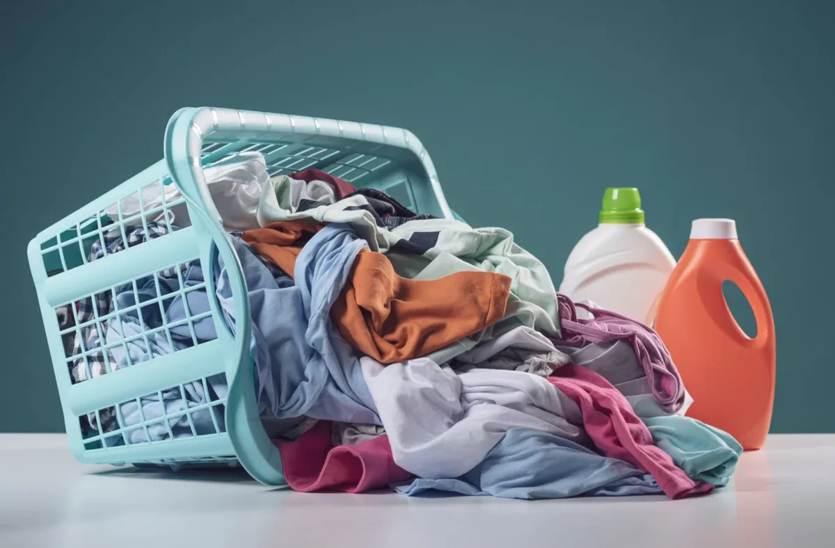 Folded laundry sorted into light and dark piles in a bright home