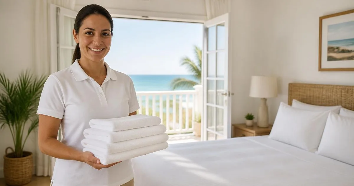 A cleaner preparing fresh white linen for a Sarasota vacation rental turnover