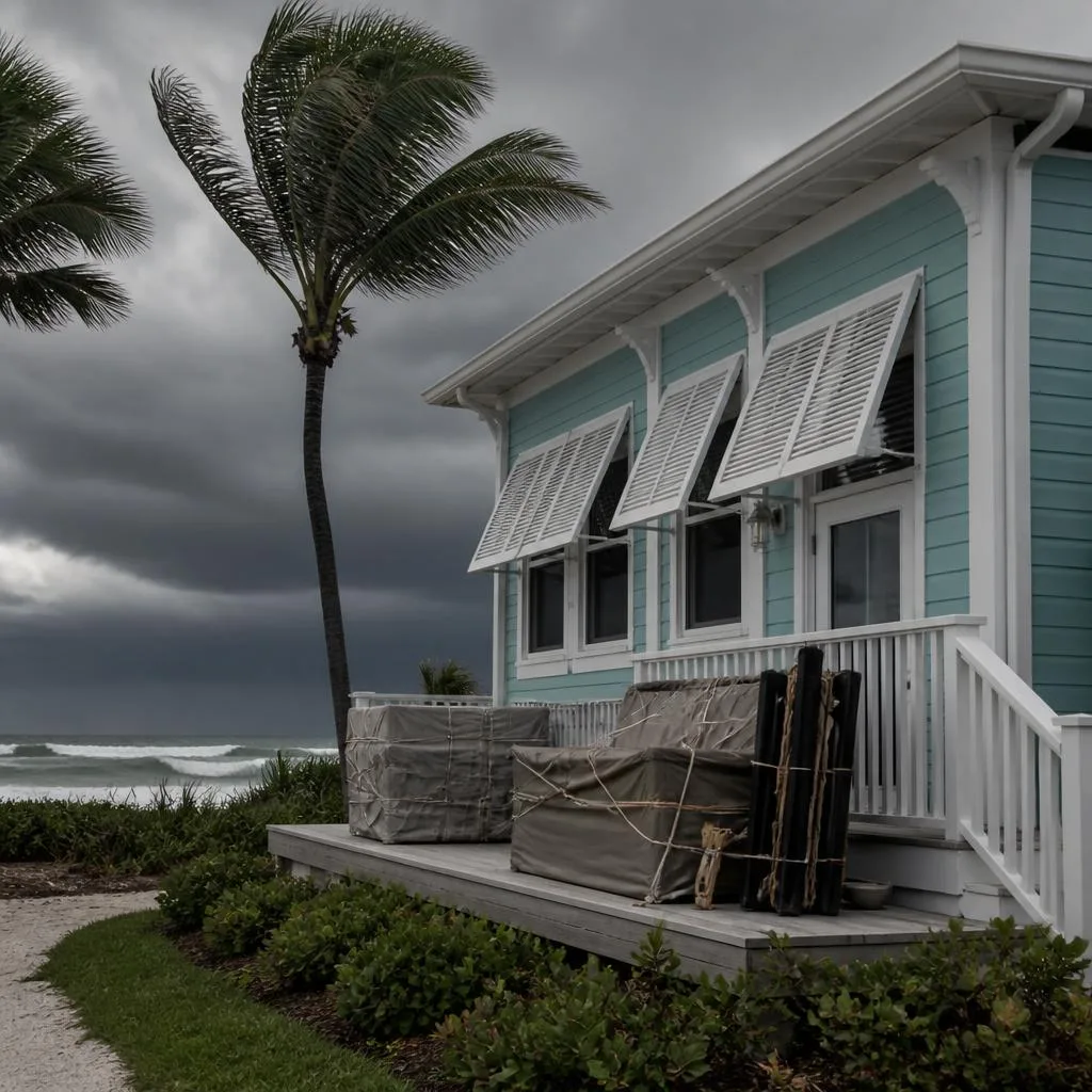 A coastal Florida home with storm shutters closed and patio furniture secured before a hurricane