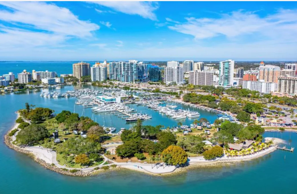 Aerial view of the Sarasota waterfront on Florida's Gulf Coast