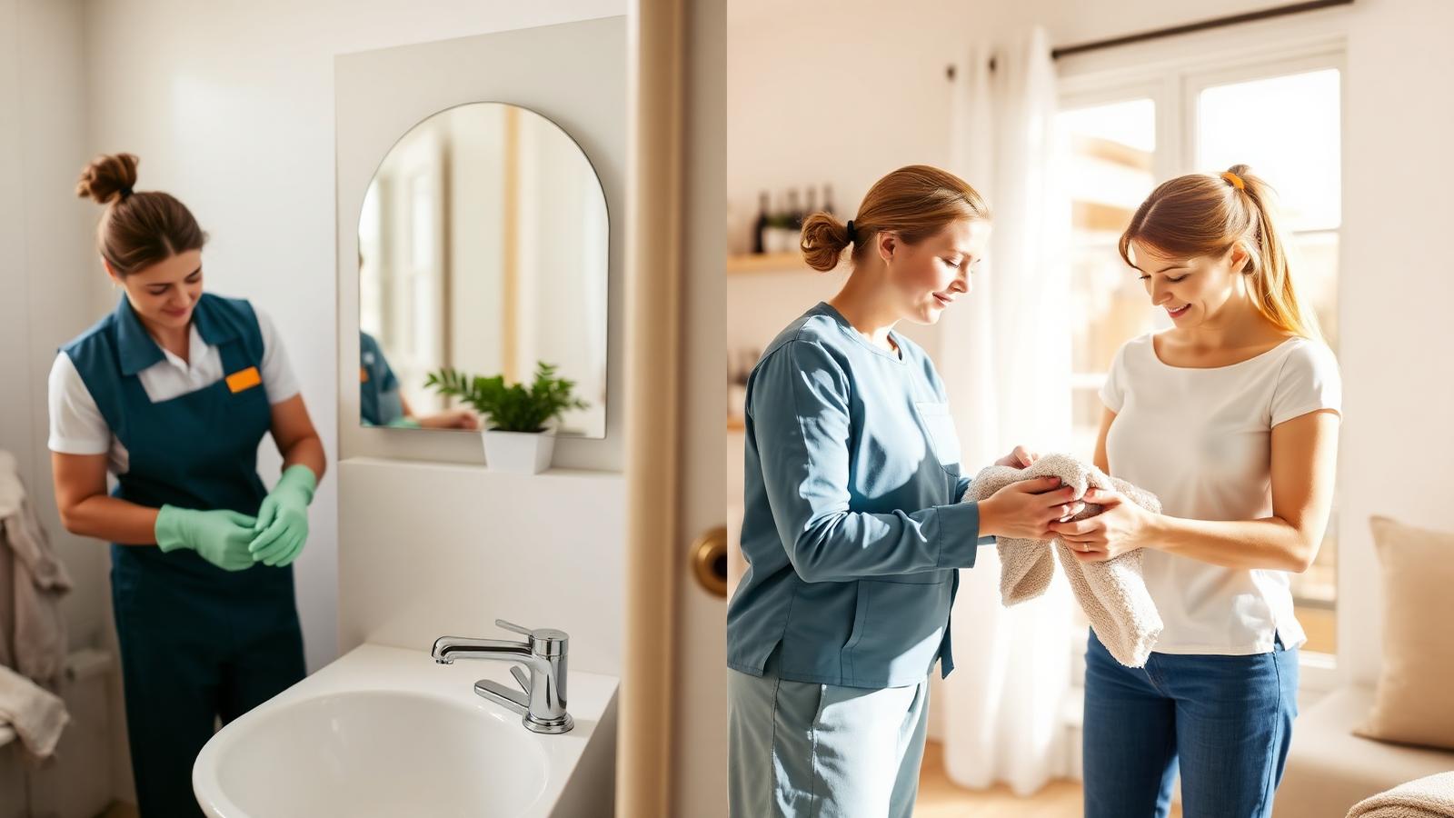 Side-by-side comparison of a professional house cleaner scrubbing a bathroom and a housekeeper folding laundry, showing the difference between house cleaning and housekeeping