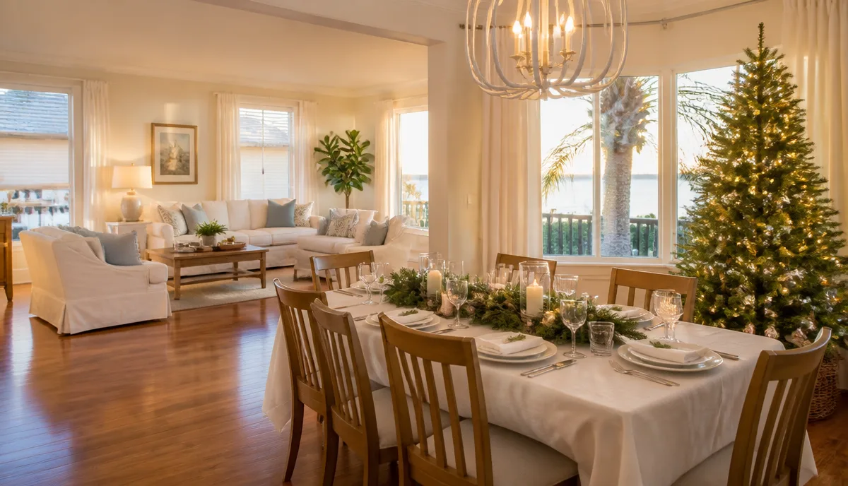 A bright Sarasota living room cleaned and decorated with a lit Christmas tree, ready for holiday guests