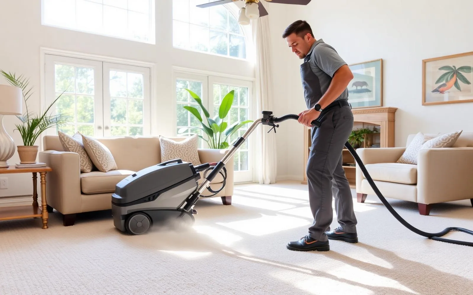 Hot-water extraction carpet cleaning in a Sarasota living room