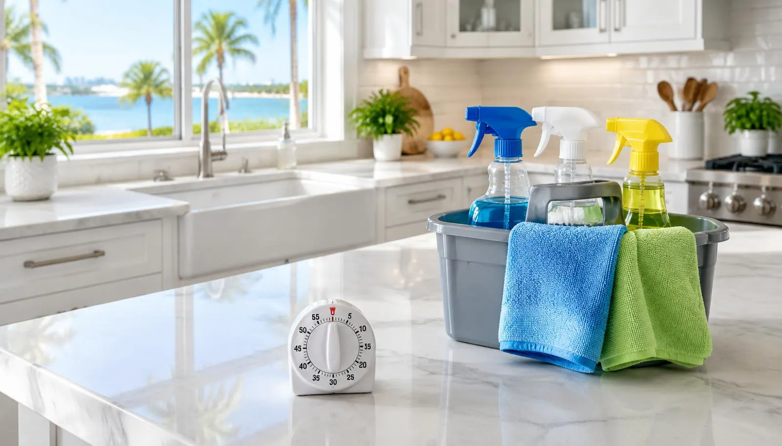 Clean white kitchen counter with a kitchen timer and a cleaning caddy of spray bottles and microfiber cloths
