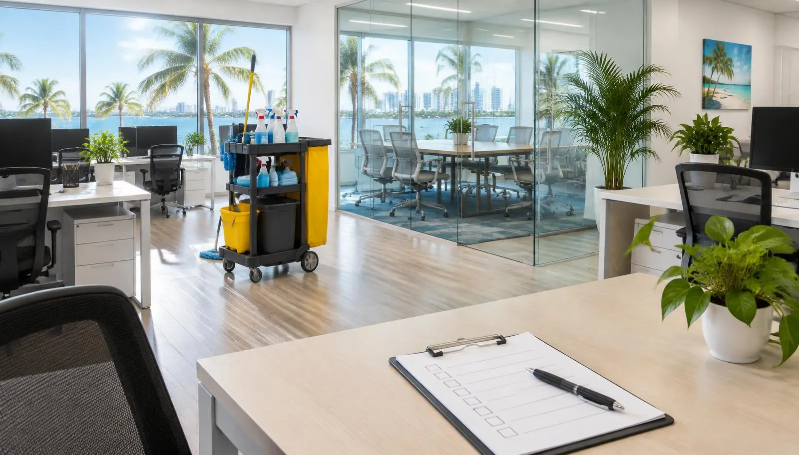 Clean, empty Florida office with a cleaning cart and a checklist on a clipboard