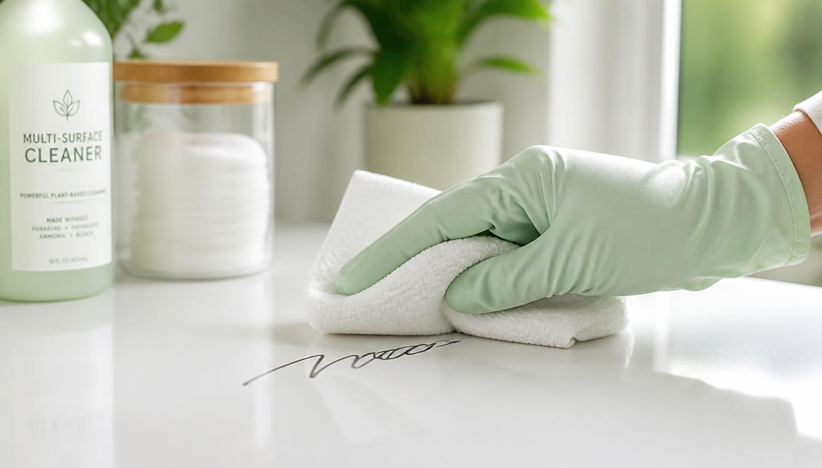 Gloved hand wiping a black permanent marker mark off a glossy white surface with a microfiber cloth