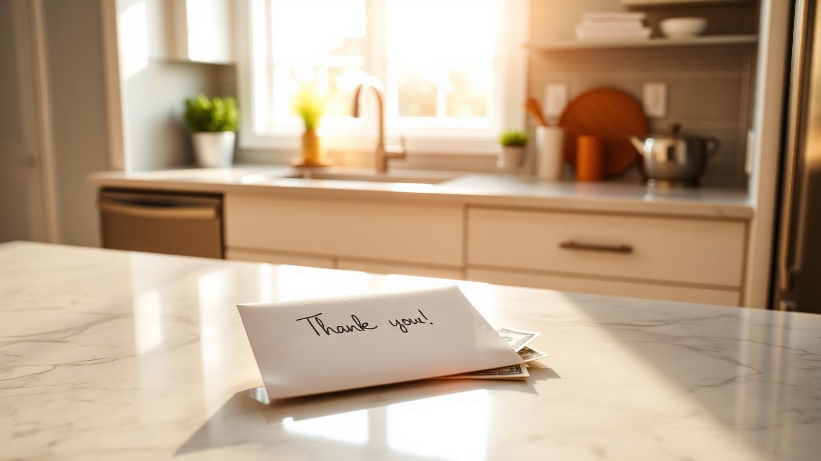 Sunlit Sarasota kitchen counter with a handwritten thank-you envelope and folded bills — tipping a house cleaner